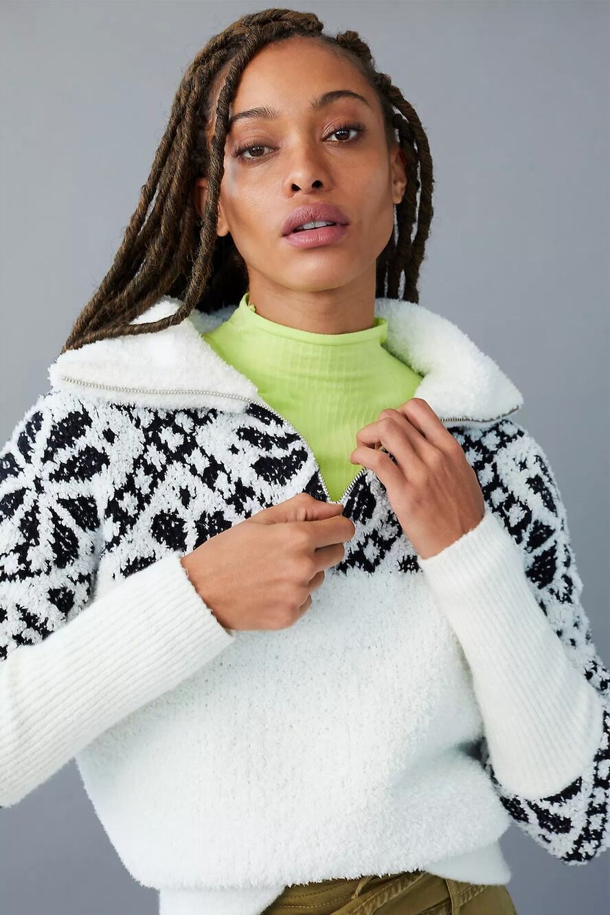 Pilcro Anthropologie Maia Cropped Quarter Zip Pullover Cozy Sherpa Size XL